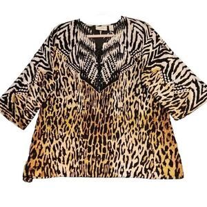 Chico’s 30 Year Beaded Animal Print‎ Silky Feel Tunic Top Denea Sz 2 (L) NWT